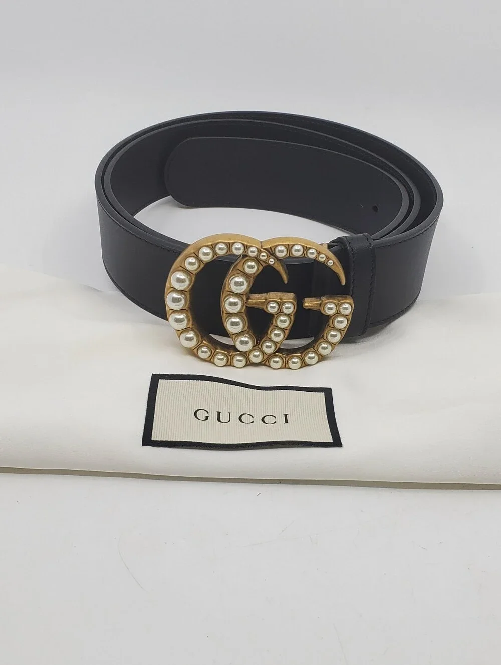 Gucci GG Marmont Faux Pearl Accents Leather Belt
